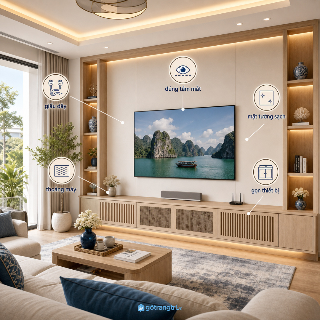 Mảng tường TV sạch giúp phòng giải trí biệt thự sang hơn và dễ tập trung
