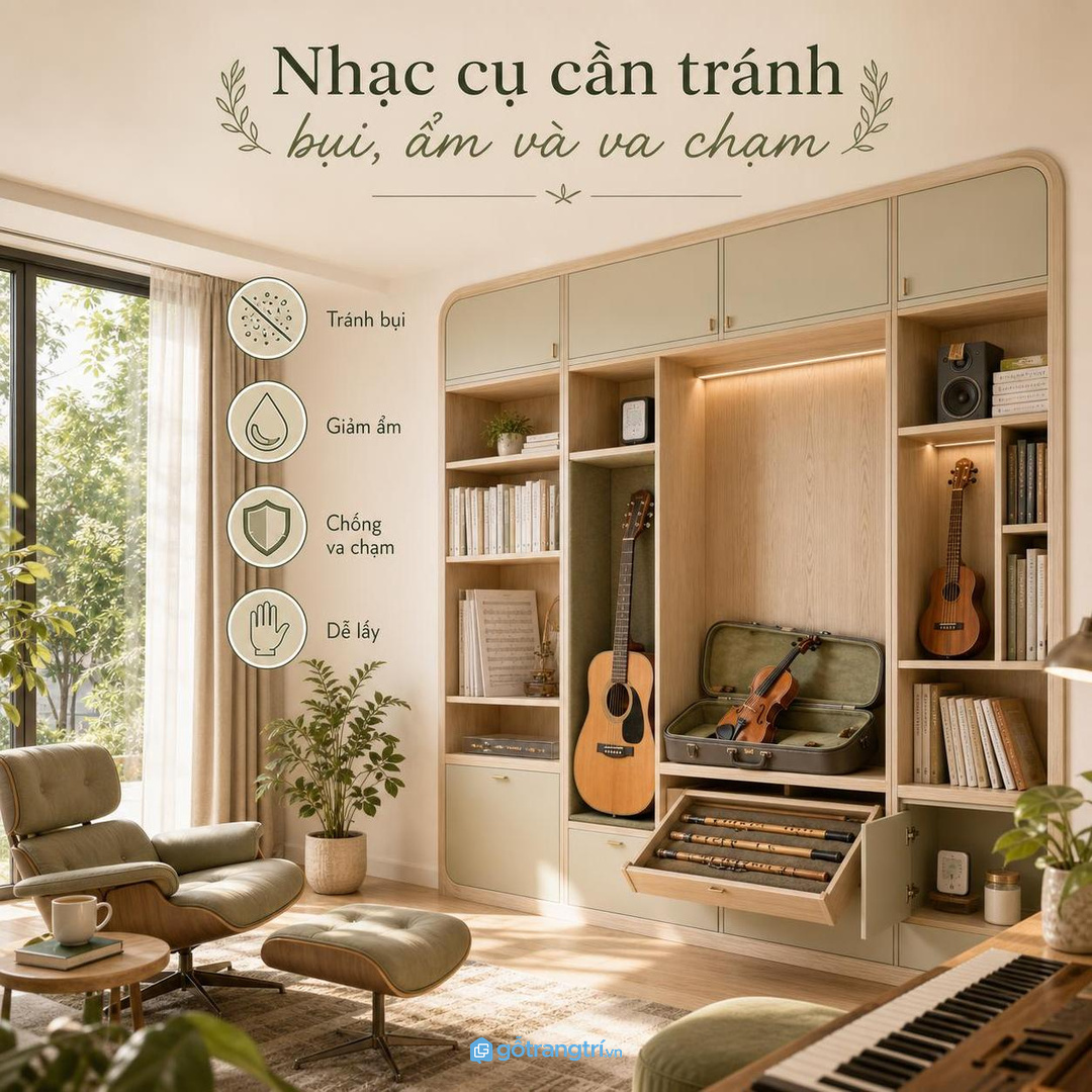 Nhạc cụ cần tránh bụi, ẩm và va chạm trong phòng nhạc biệt thự