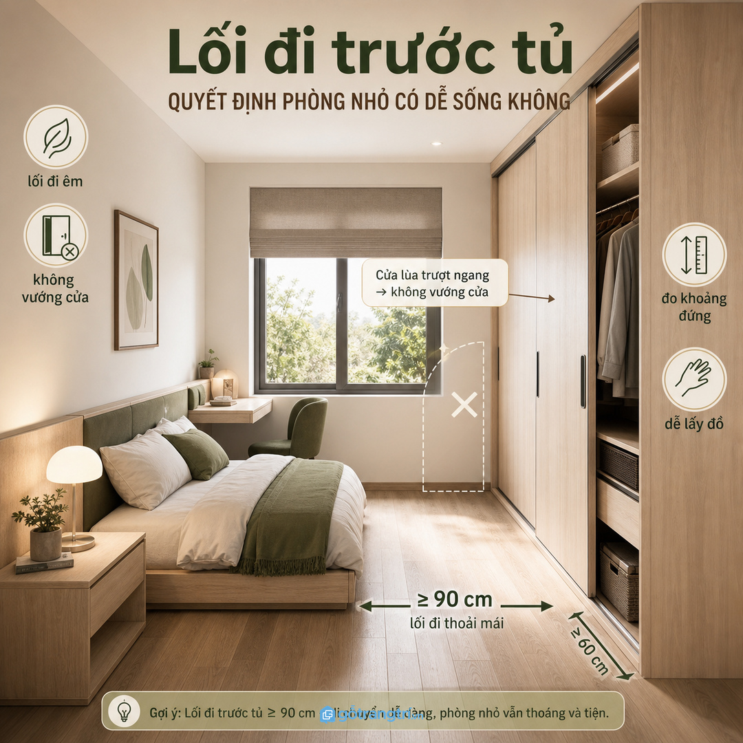 Lối đi trước tủ quyết định phòng ngủ nhỏ có dễ sống hay không