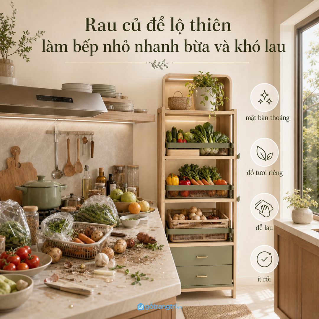 Rau củ để lộ thiên làm bếp nhỏ nhanh bừa và khó lau