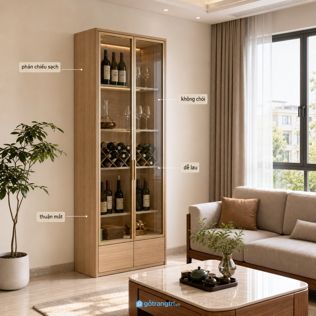 Tủ rượu là điểm nhìn mạnh trong phòng khách nhỏ