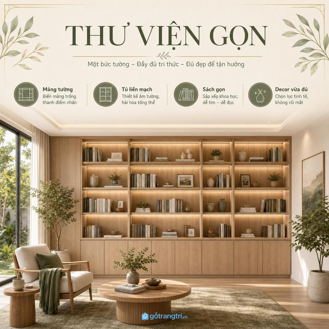 Mảng tường trống trong phòng đọc có thể thành thư viện âm tường gọn và liền mạch