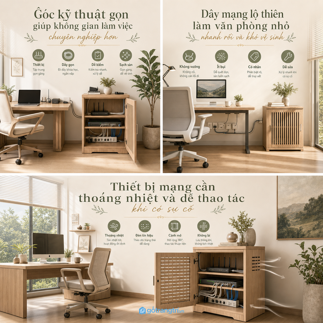 Góc kỹ thuật gọn giúp văn phòng nhỏ nhìn chuyên nghiệp hơn
