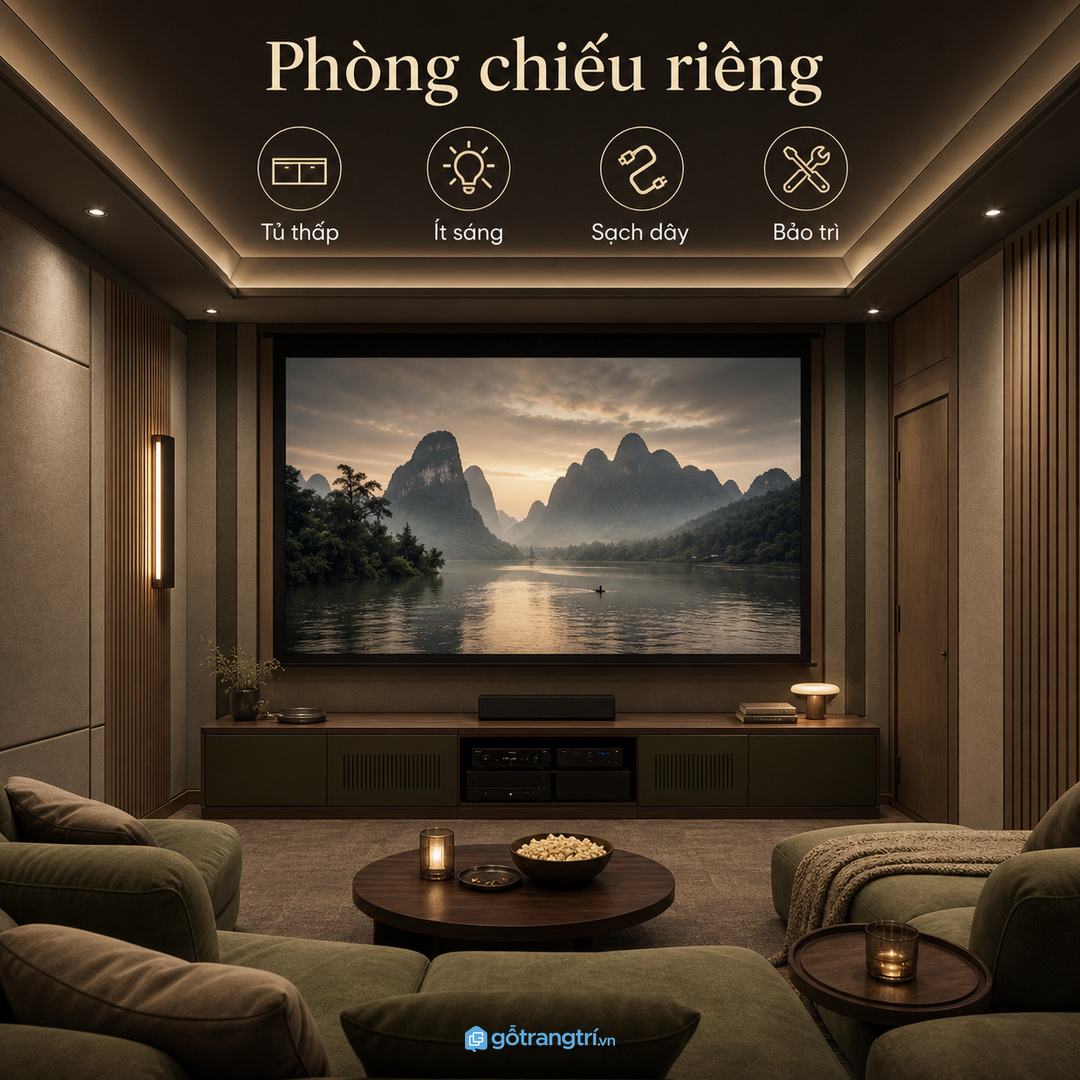 Phòng chiếu riêng cần tủ thiết bị gọn, tối màu vừa đủ và dễ bảo trì