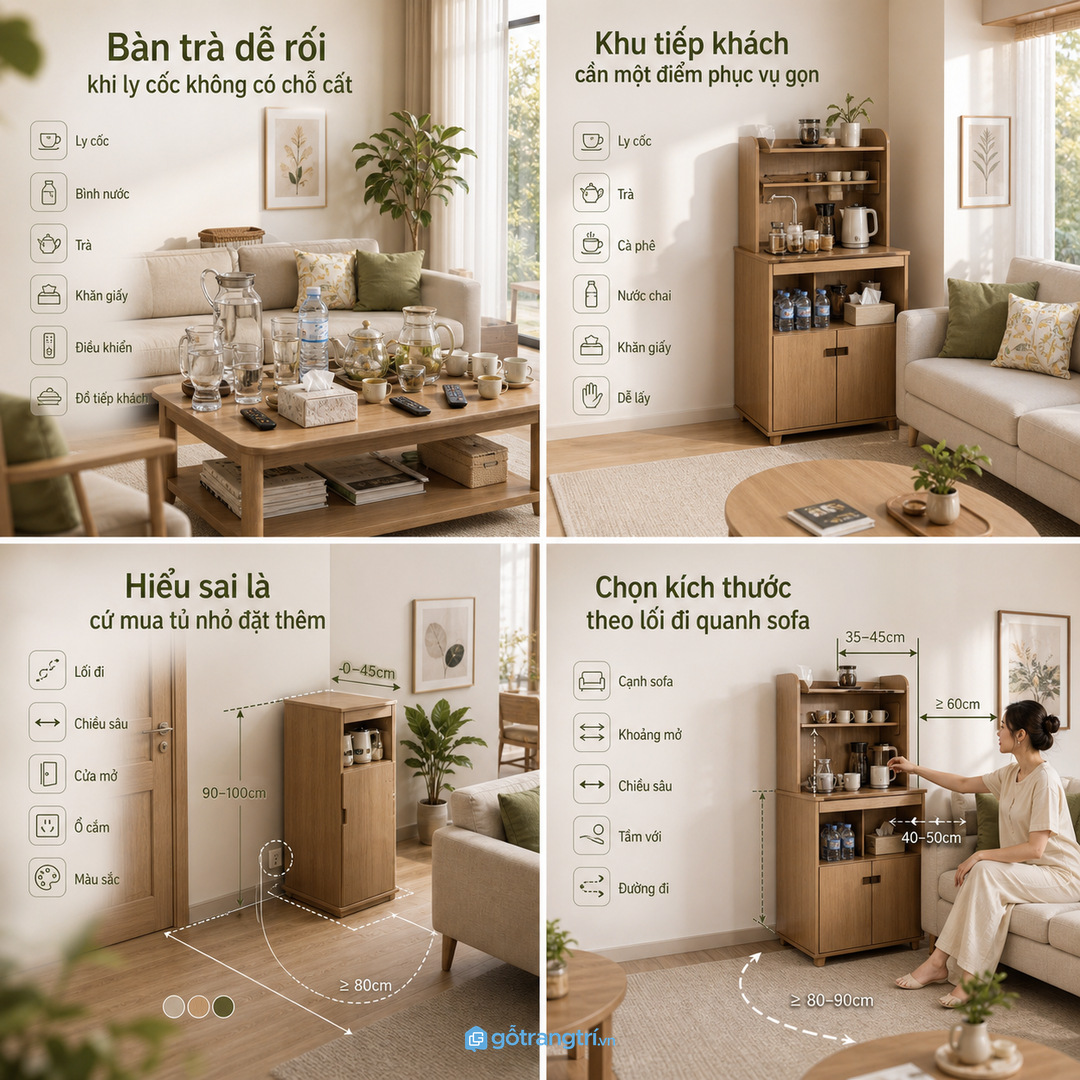 Bàn trà dễ rối khi ly cốc không có chỗ cất
