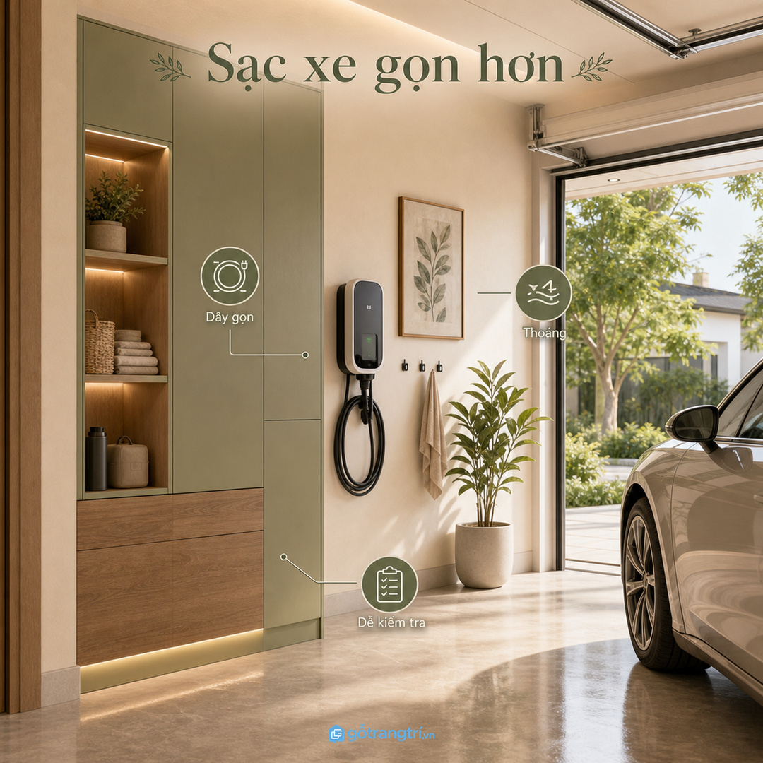 Dây sạc thả tự do làm gara nhanh rối và dễ vướng khi dắt xe