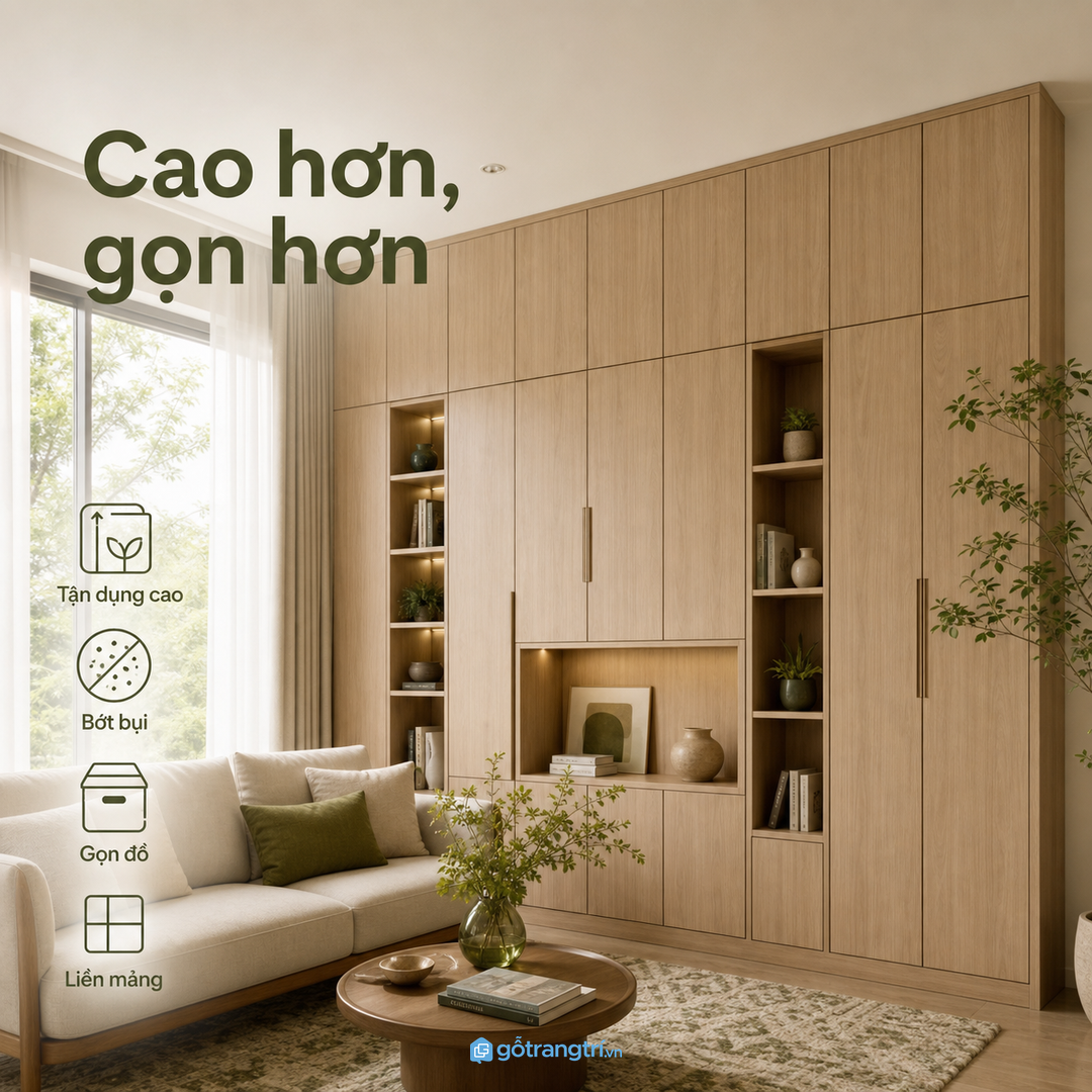 Tủ kịch trần tận dụng chiều cao và giảm khoảng trống bám bụi