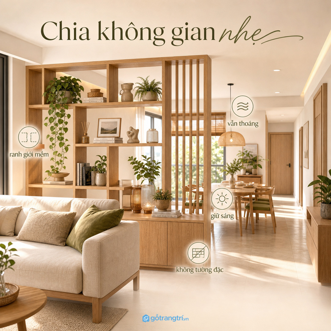 Tủ trưng bày mỏng sau sofa tạo ranh giới mềm giữa phòng khách và khu sinh hoạt khác