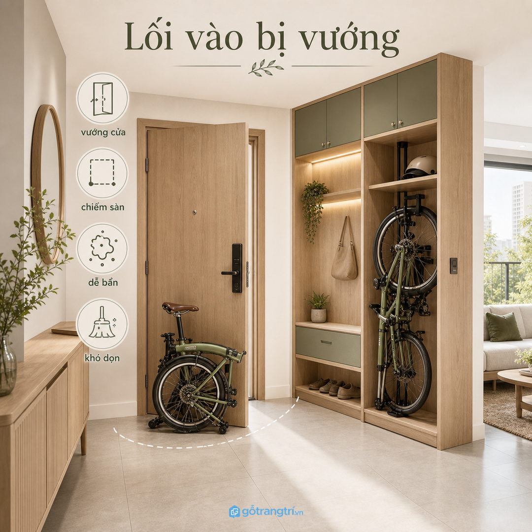 Xe đạp gấp dựng tạm sau cửa dễ làm lối vào chung cư bị vướng