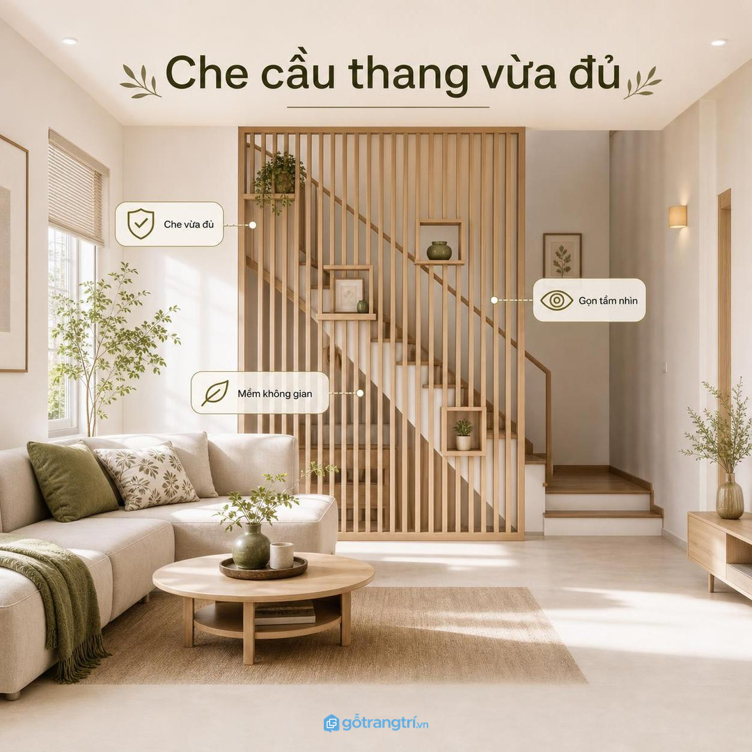 Che cầu thang vừa đủ để phòng khách gọn và có điểm nhìn mềm hơn