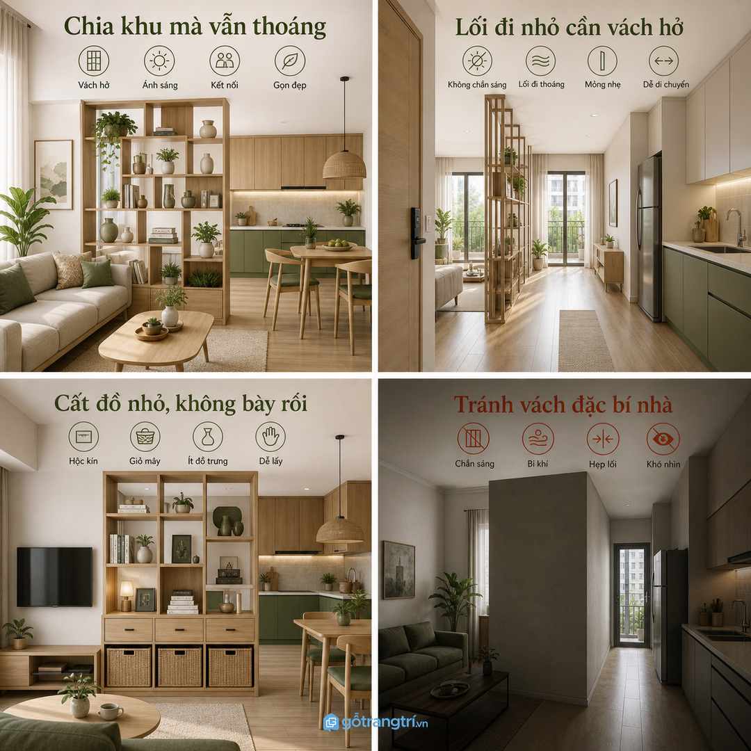 Phòng khách liền bếp cần ranh giới mềm để bớt lộn xộn