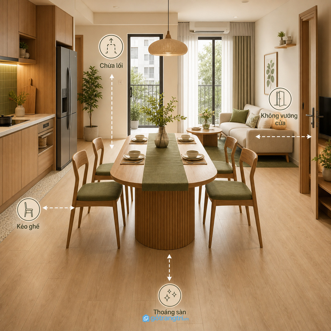 Lối đi quanh bàn quyết định cảm giác rộng hay chật