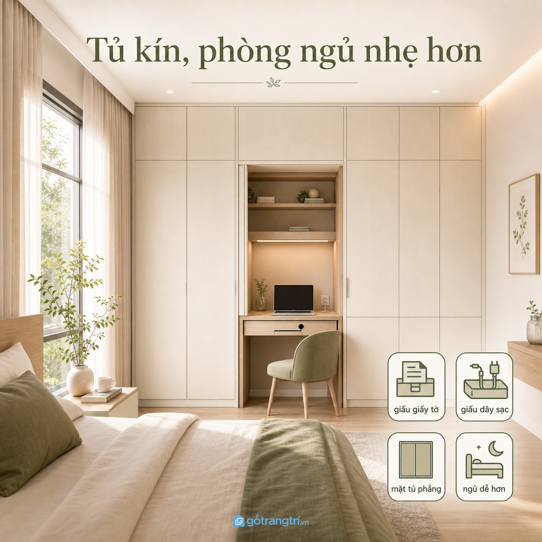 Tủ kín giúp giấu giấy tờ, dây sạc và đồ lặt vặt