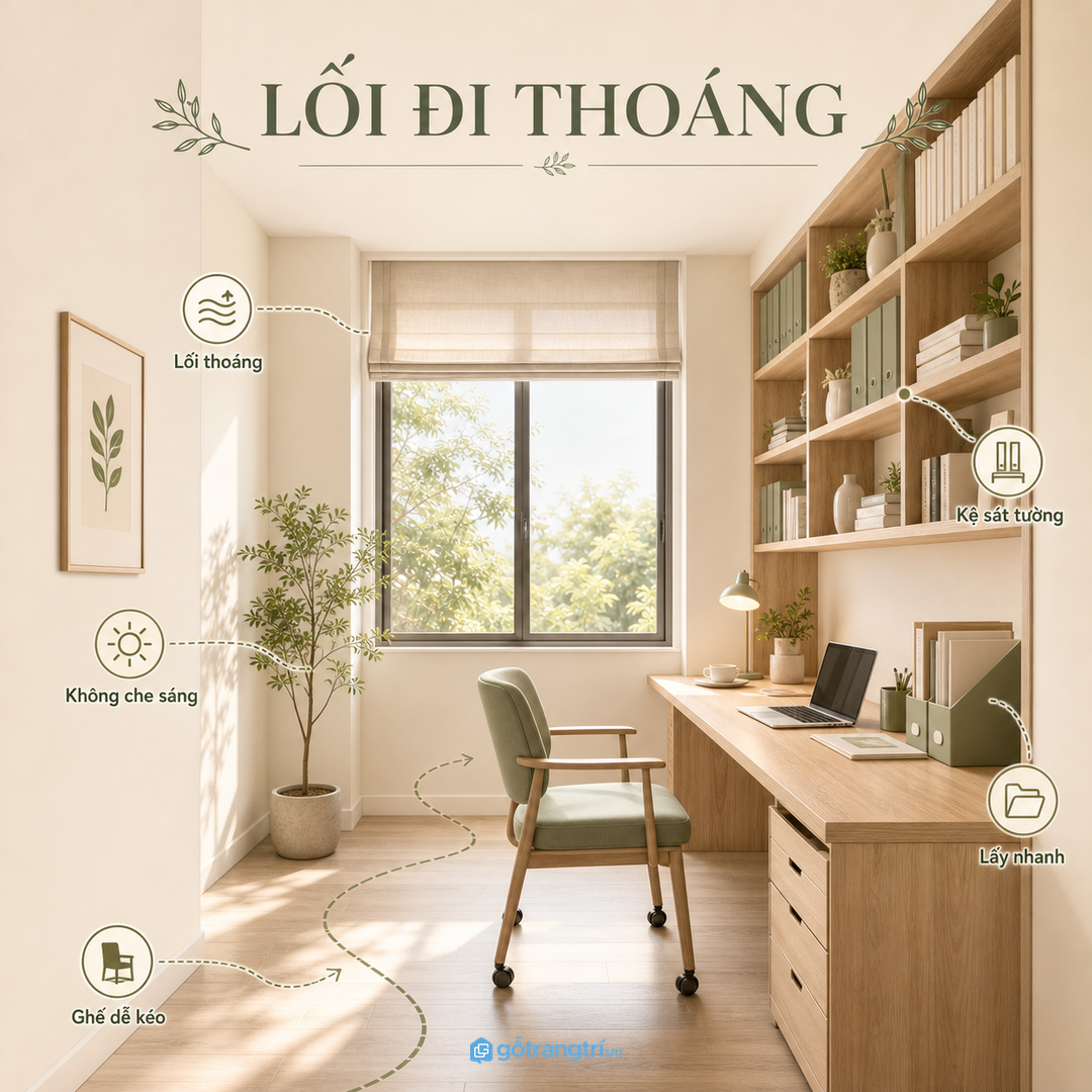 Giá sách cần đặt đúng vị trí để không chắn lối đi hoặc làm phòng bí