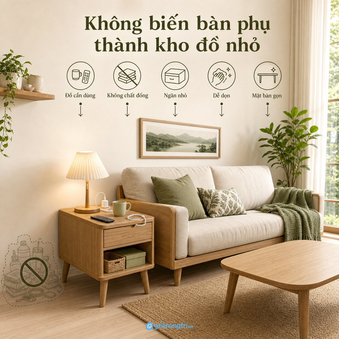 Không nên để bàn trà gánh hết điều khiển, sạc và đồ nhỏ trong phòng khách