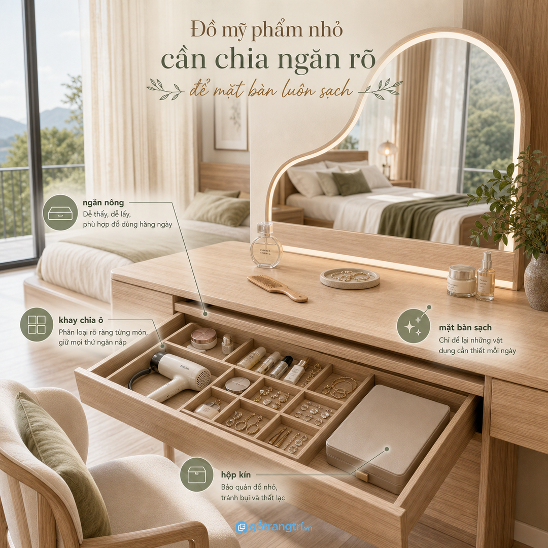 Đồ mỹ phẩm nhỏ cần chia ngăn rõ để mặt bàn luôn sạch