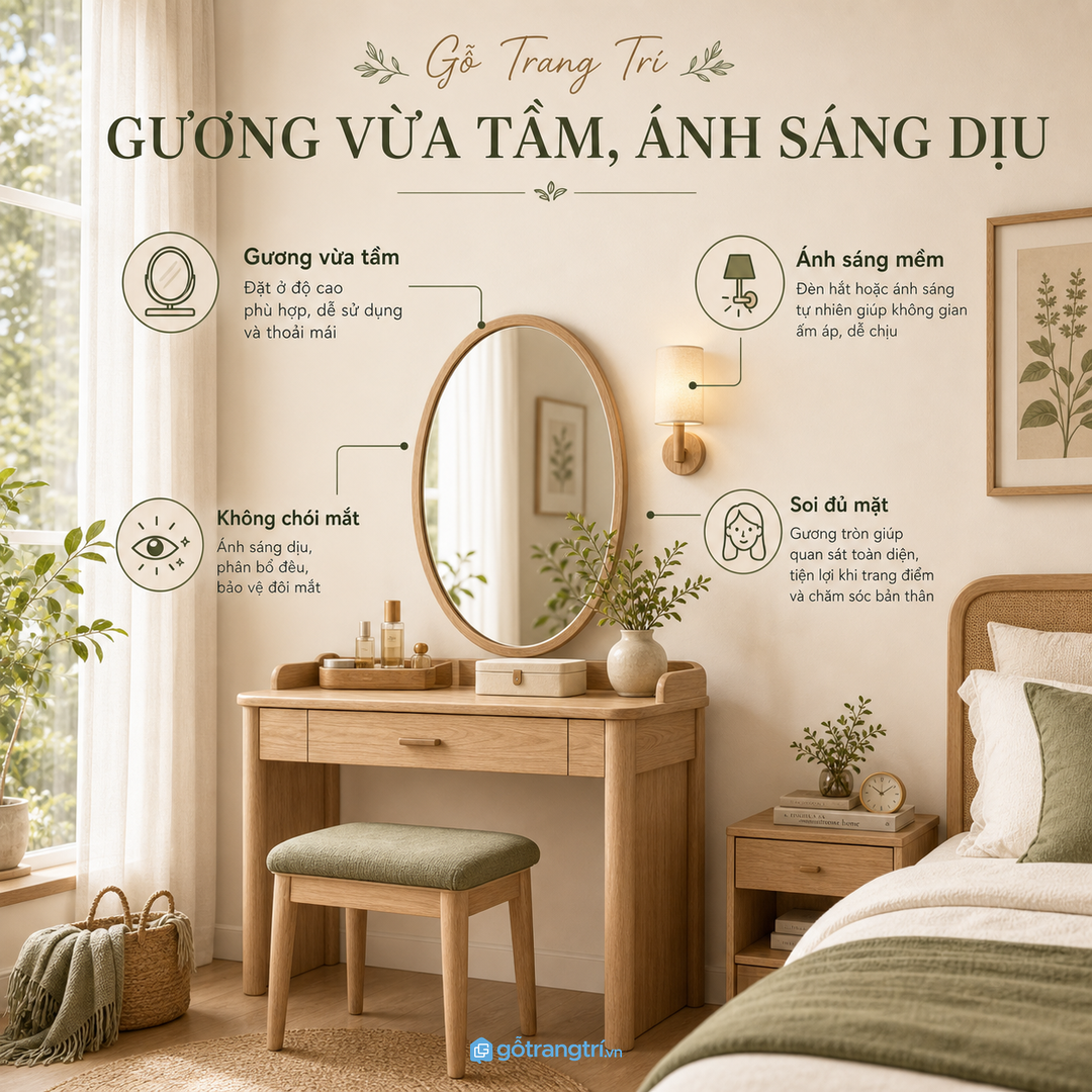 Gương nên đặt lệch giường để người dùng dễ nghỉ ngơi hơn