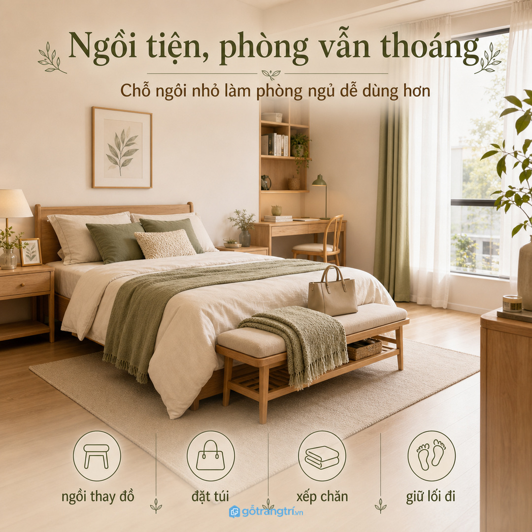 Chỗ ngồi nhỏ giúp thao tác thay đồ và xếp chăn dễ hơn