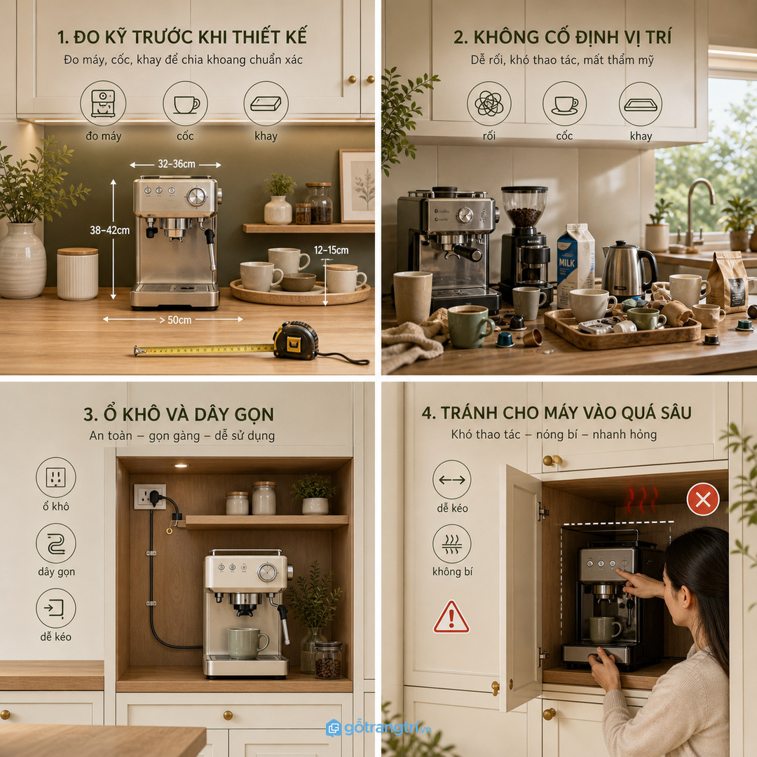 Coffee bar cần ổ điện khô và đường dây gọn trong tủ bếp
