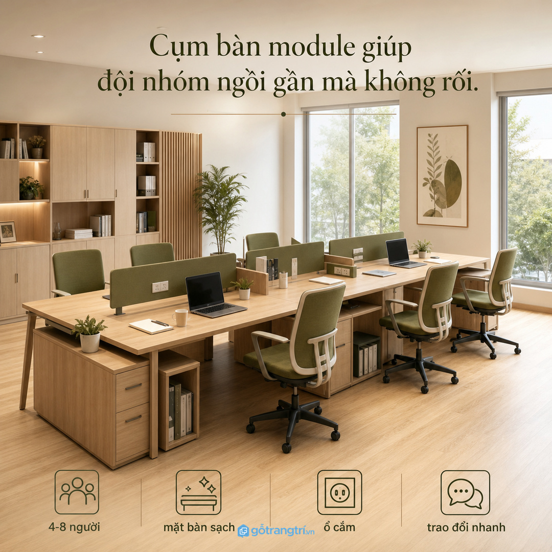 Cụm bàn module giúp đội nhóm ngồi gần mà bàn vẫn sạch