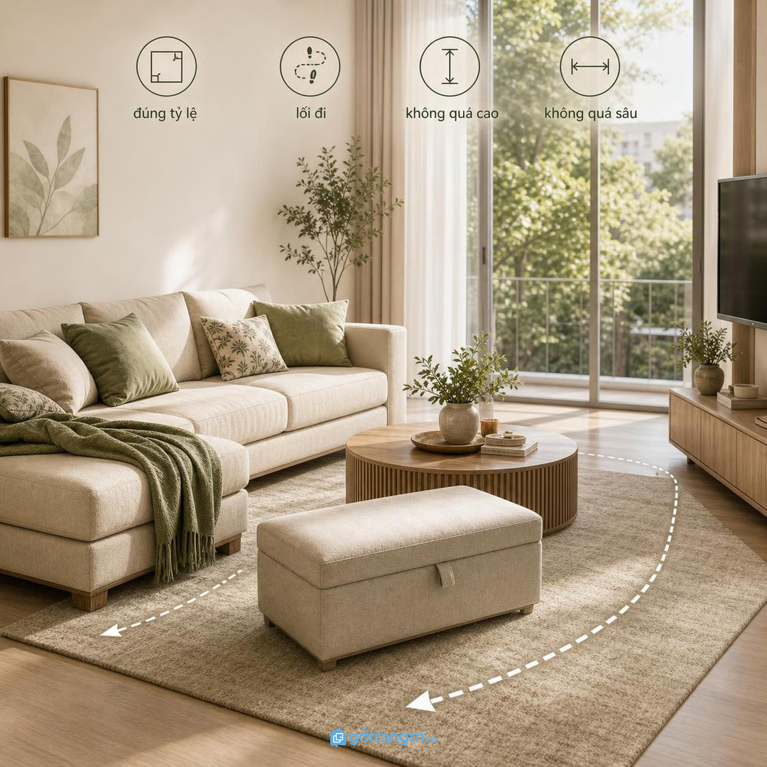 Khoang cất kín trong ghế đôn giúp mặt bàn trà và sofa bớt đồ lặt vặt