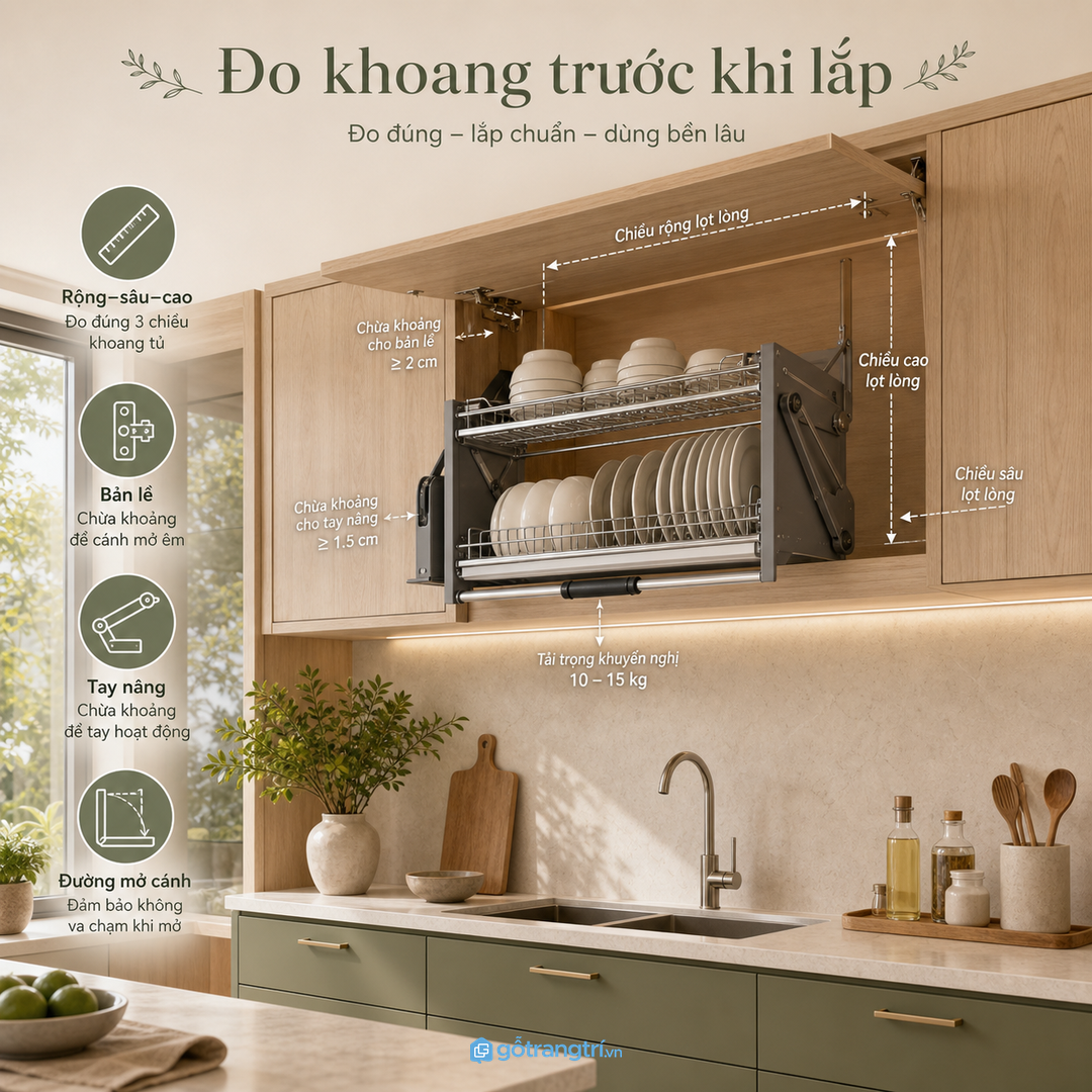 Giá nâng hạ đưa bát đĩa về đúng tầm thao tác rửa - úp - cất