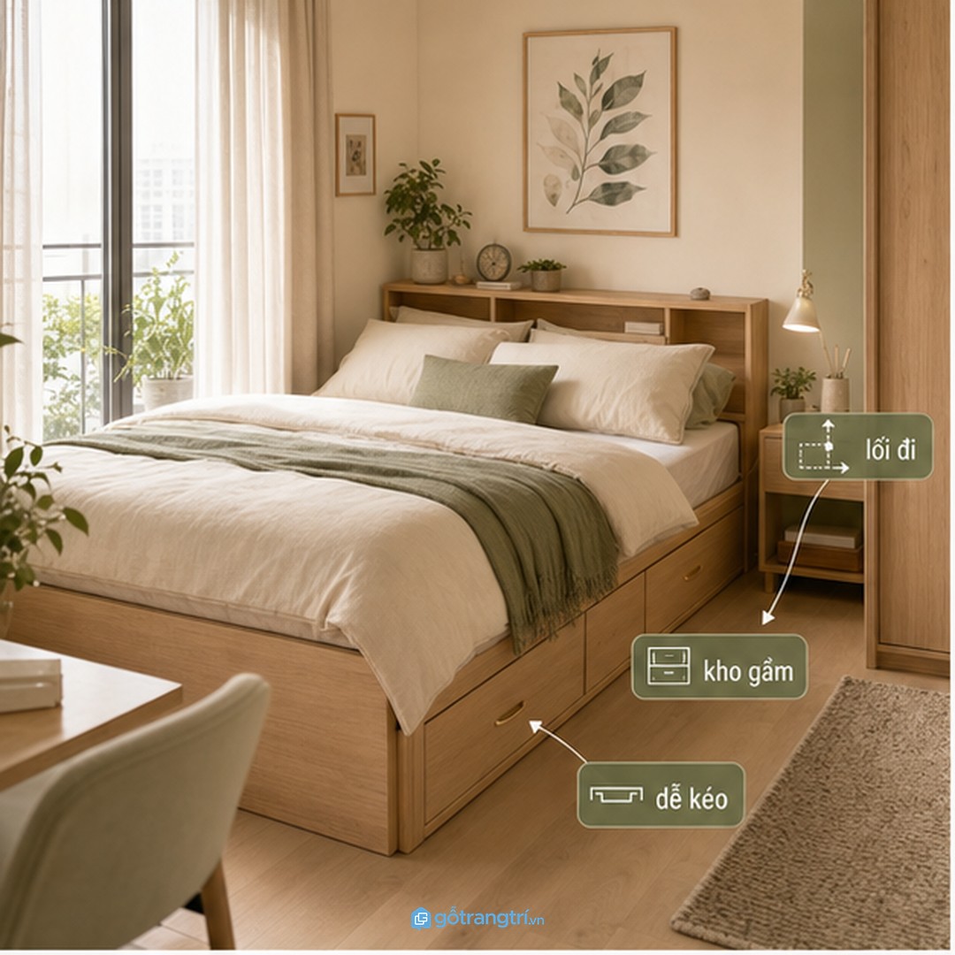 Lối đi quanh giường cần đủ rộng để kéo ngăn và mở tủ áo thoải mái