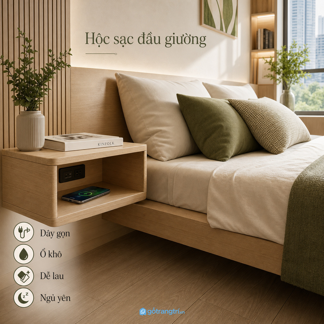 Ổ điện đầu giường cần khô, kín và dễ rút khi không dùng
