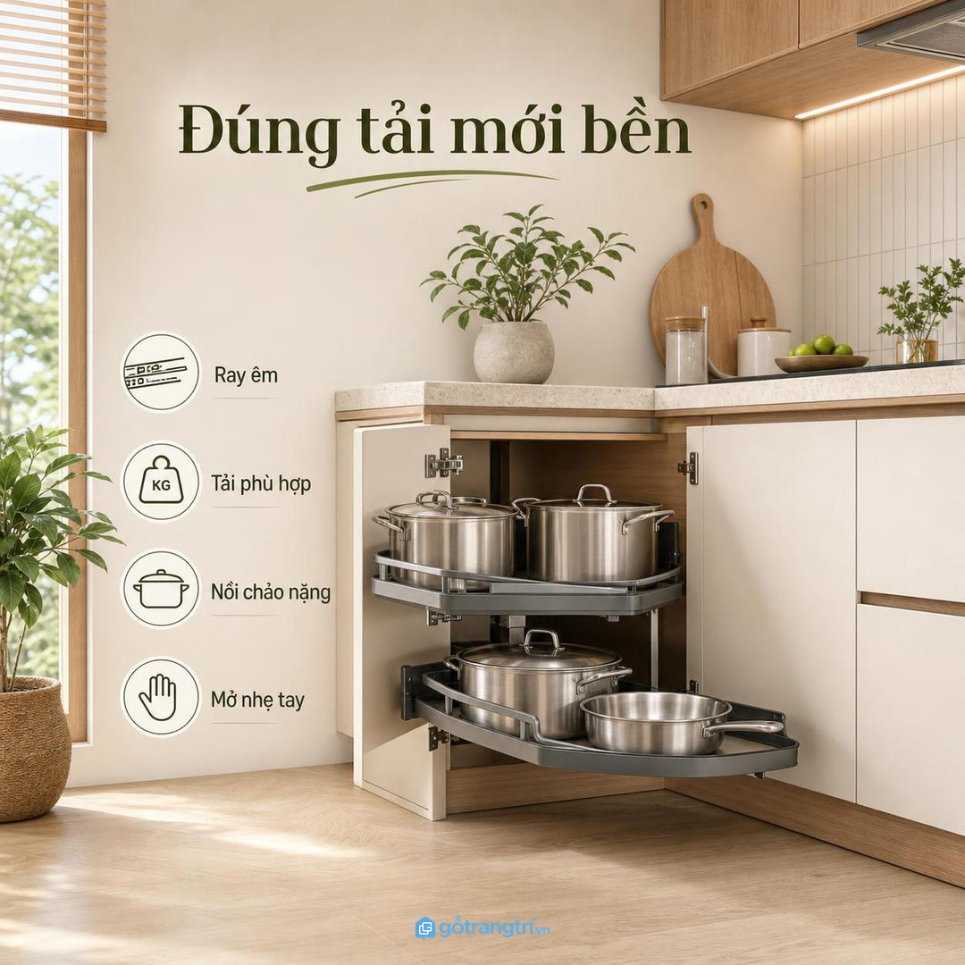 Đồ nặng cần kệ góc có tải trọng và ray phù hợp