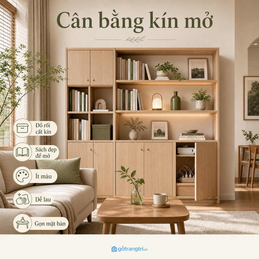 Khoang kín và khoang mở cân bằng giúp kệ sách không thành kho
