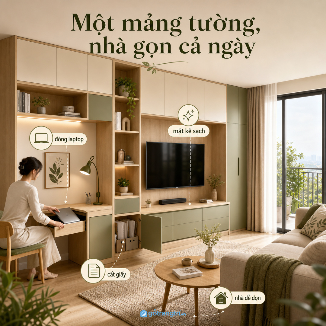 Một mảng tường tốt giúp nhà gọn cả ngày