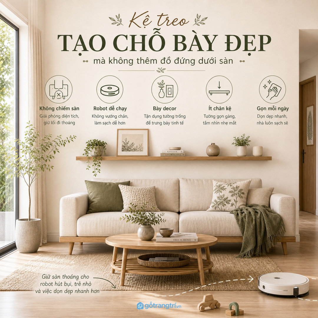 Kệ treo tường giúp bày decor mà không chiếm thêm diện tích sàn
