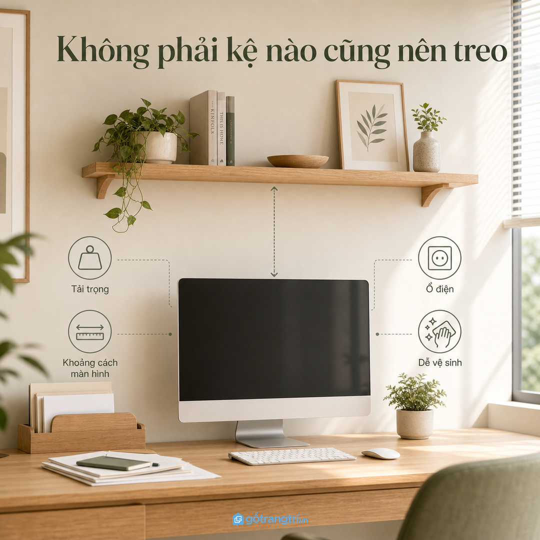 Kệ treo tường cần đúng tải trọng, khoảng cách và vị trí ổ điện.