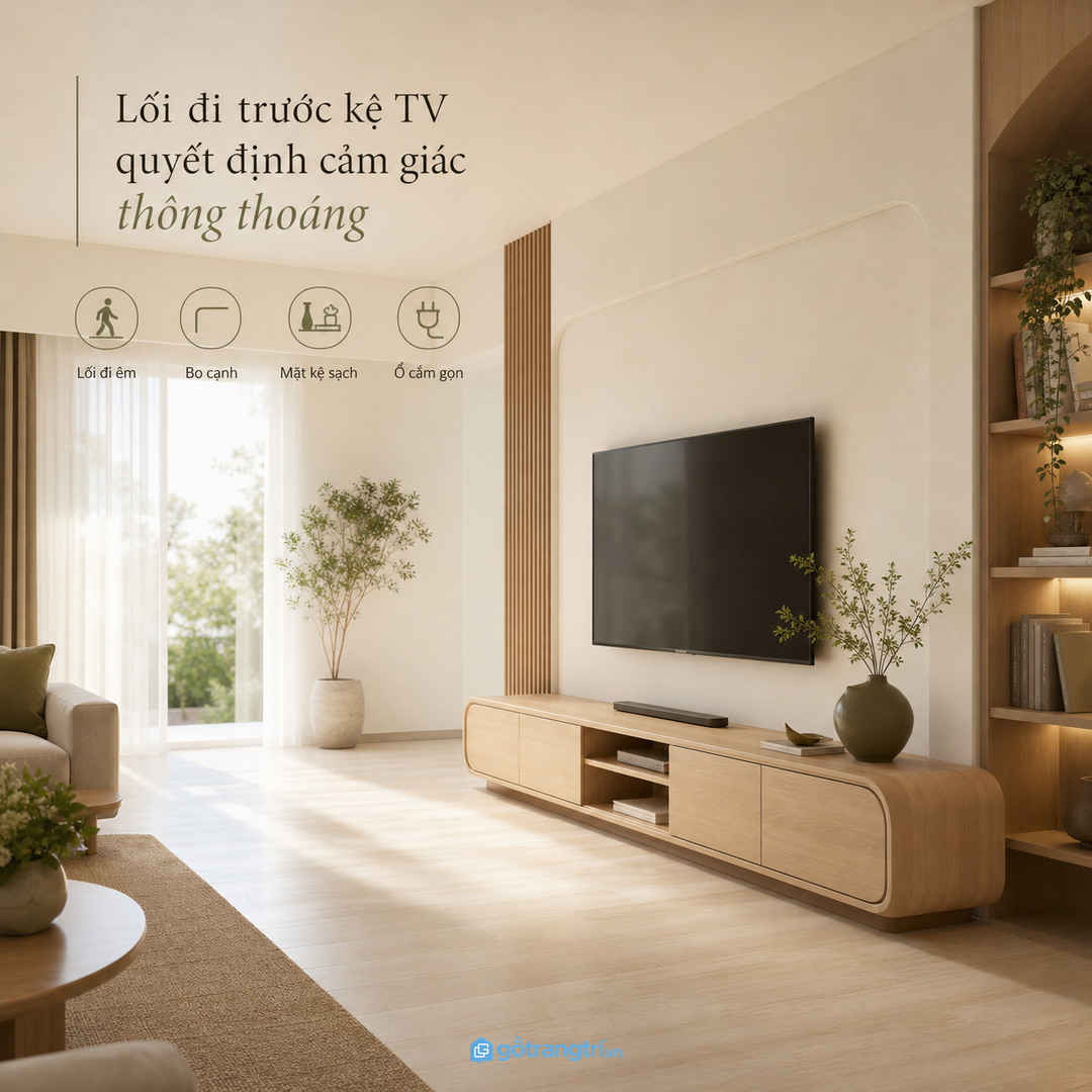 Lối đi trước kệ TV cần thoáng để sinh hoạt hằng ngày dễ chịu hơn
