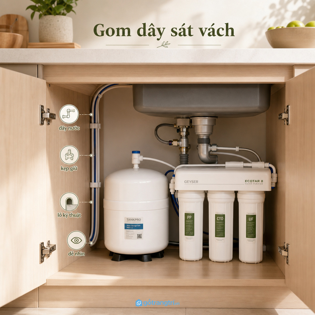 Dây ống và ổ điện cần đi đúng tuyến để khoang tủ gọn hơn