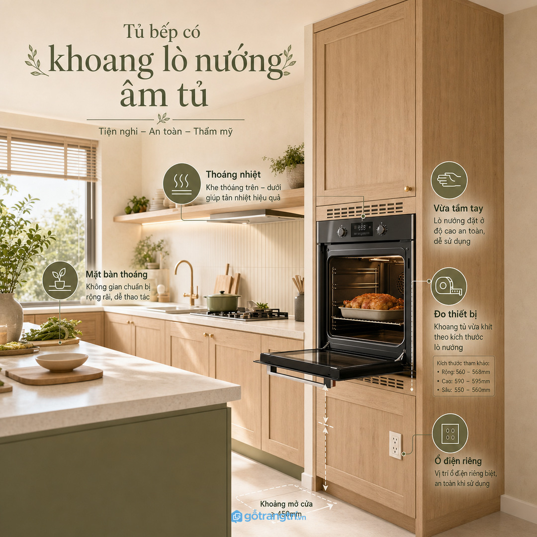 Khoang thiết bị bếp cần chừa thoáng nhiệt và tách khỏi đồ lưu trữ