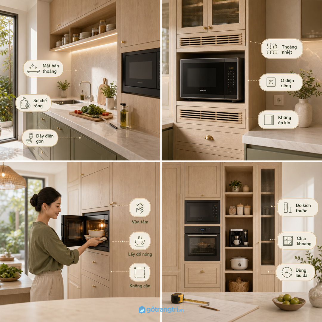 Khoang thiết bị bếp cần chừa thoáng nhiệt và tách khỏi đồ lưu trữ