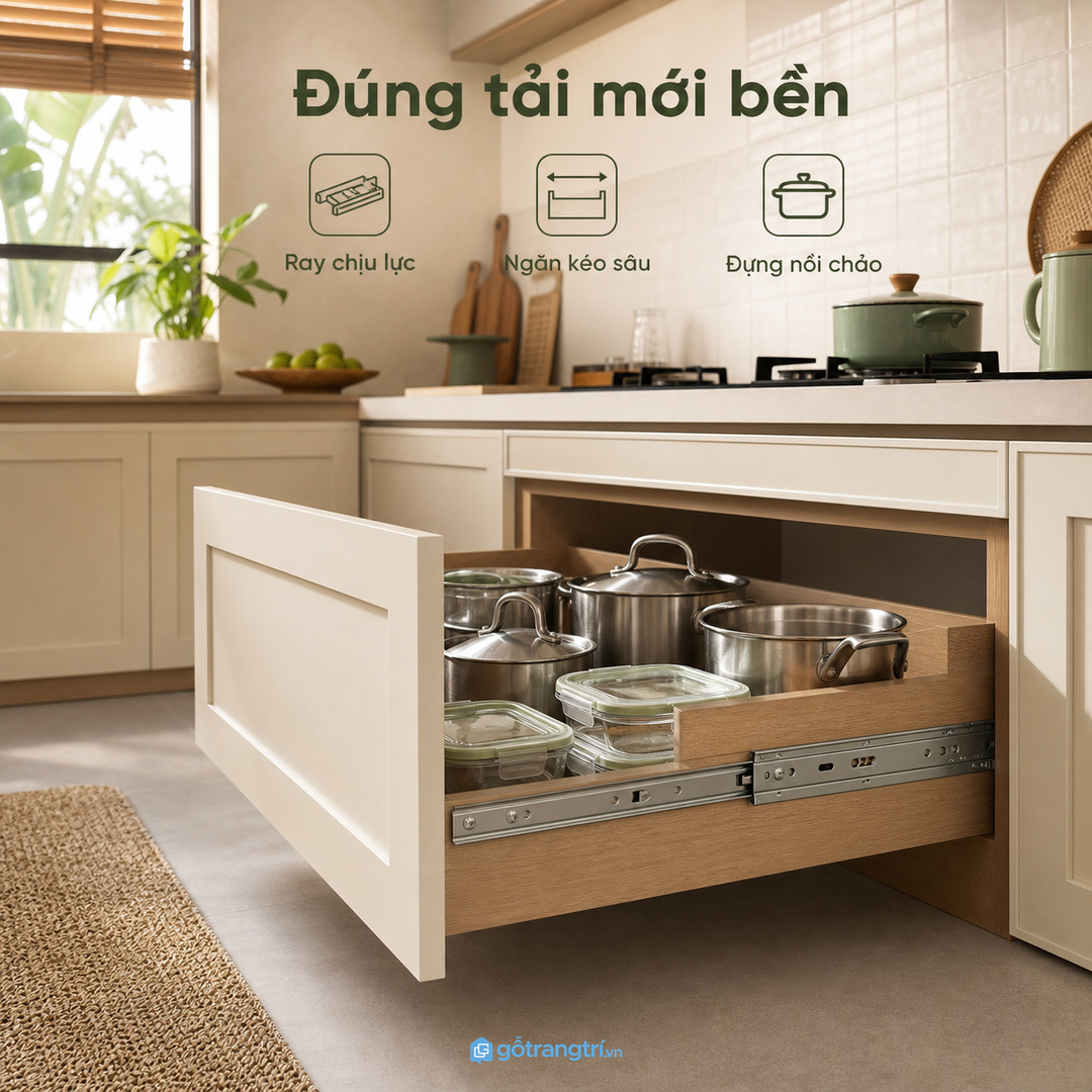 Nồi chảo nặng cần ngăn kéo và ray chịu lực đúng tải