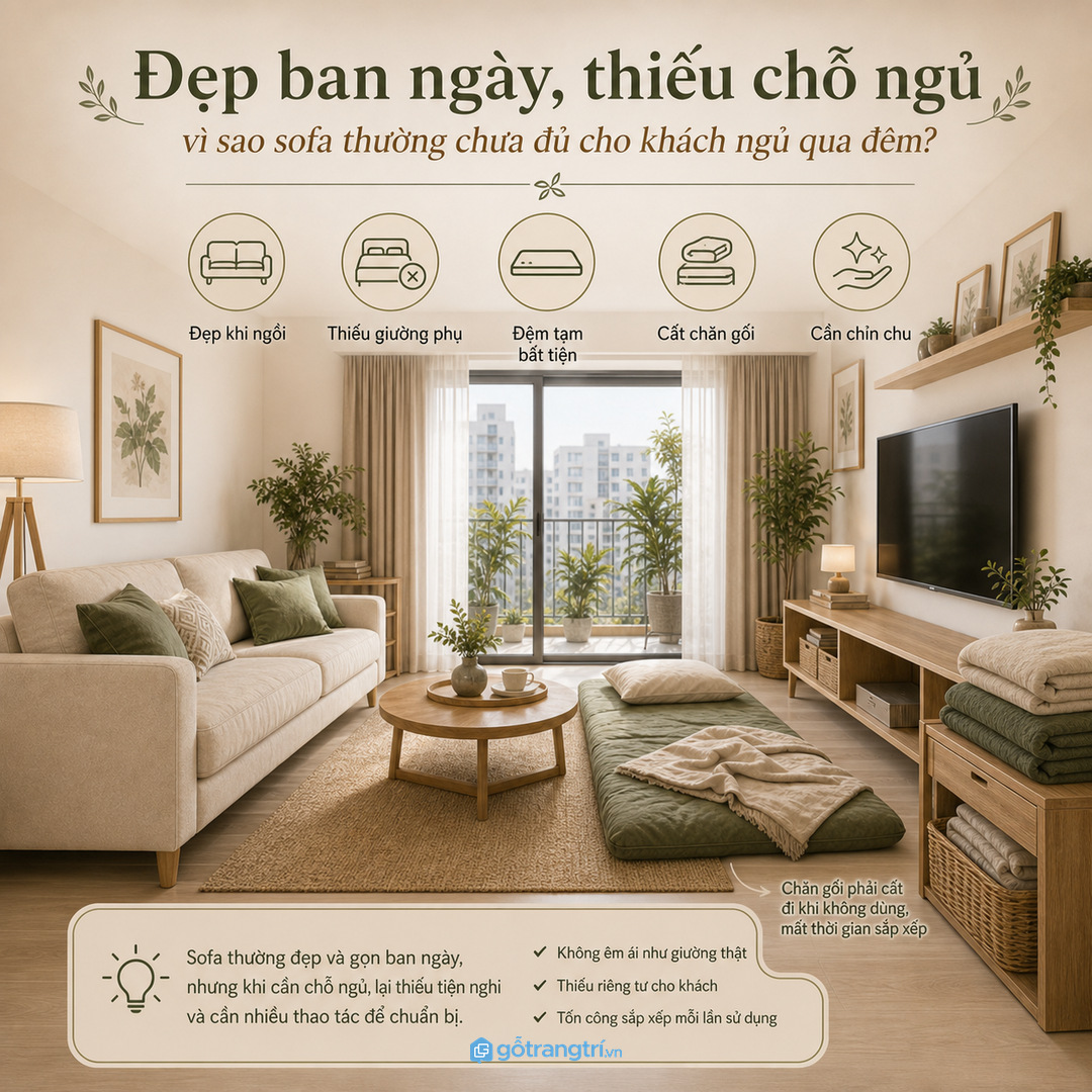 Sofa thường đẹp nhưng không đủ tiện khi cần chỗ ngủ qua đêm