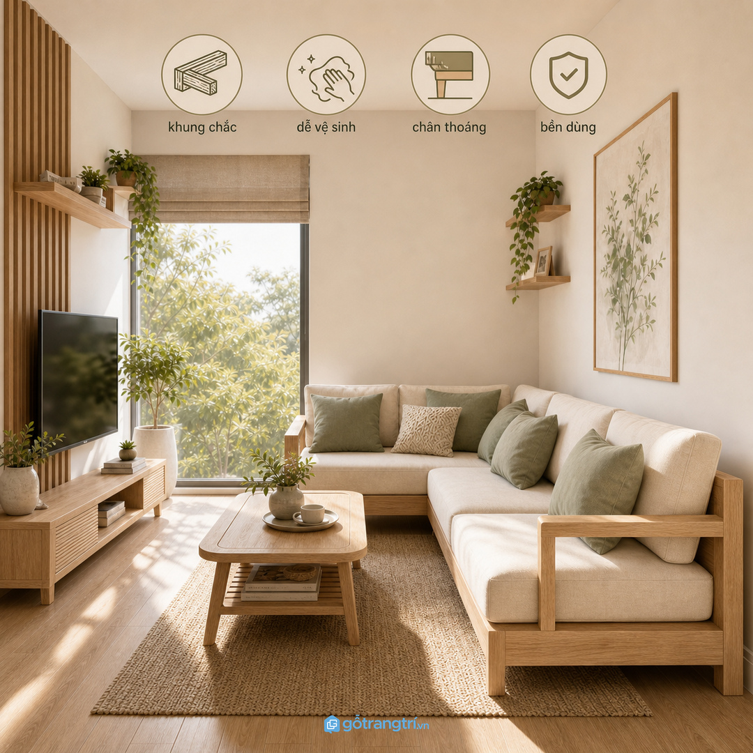 Khung gỗ chắc, chân thoáng và bề mặt dễ lau giúp sofa dùng bền trong phòng nhỏ