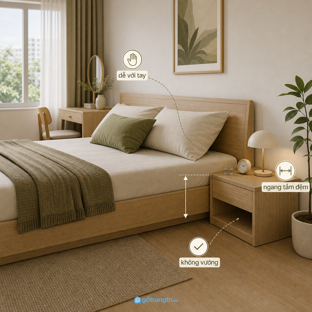 Chiều cao tab nên ngang tầm đệm và dễ với tay