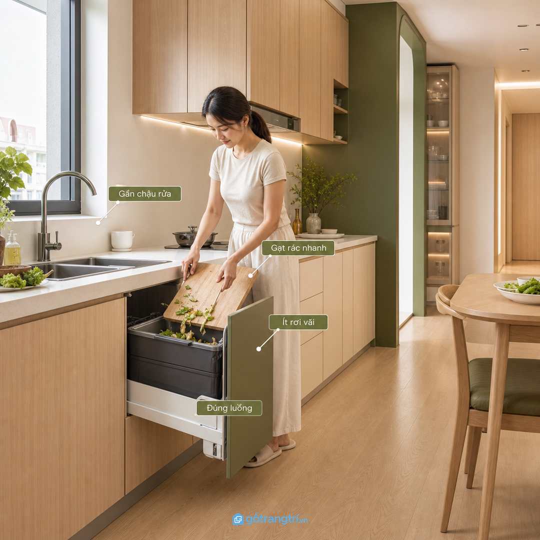 Khoang rác âm nên nằm đúng điểm thao tác gần chậu rửa và khu sơ chế