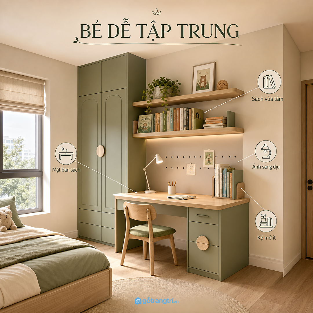 Góc học rõ ràng giúp bé dễ tập trung hơn