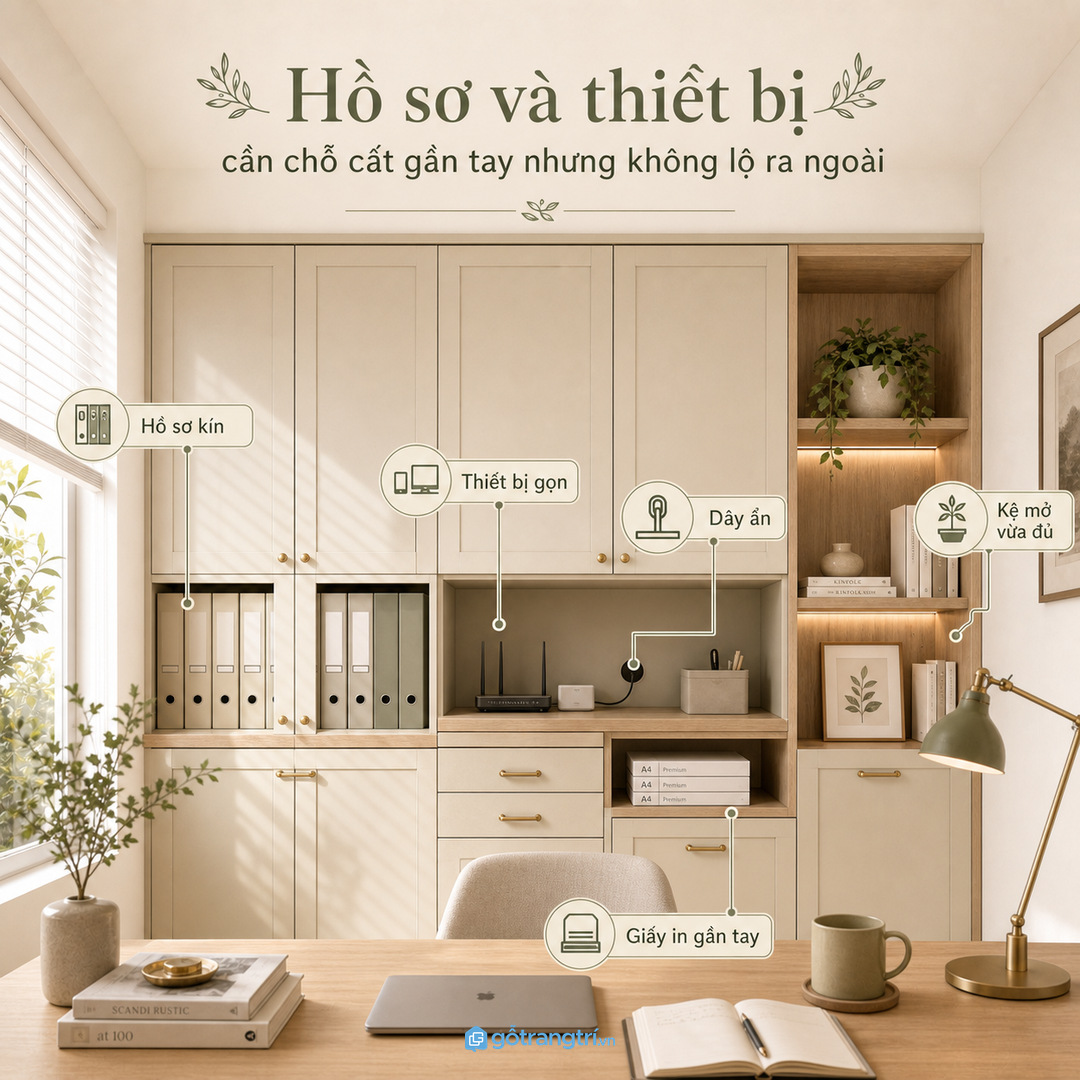 Hồ sơ và thiết bị cần chỗ cất gần tay nhưng không lộ ra ngoài