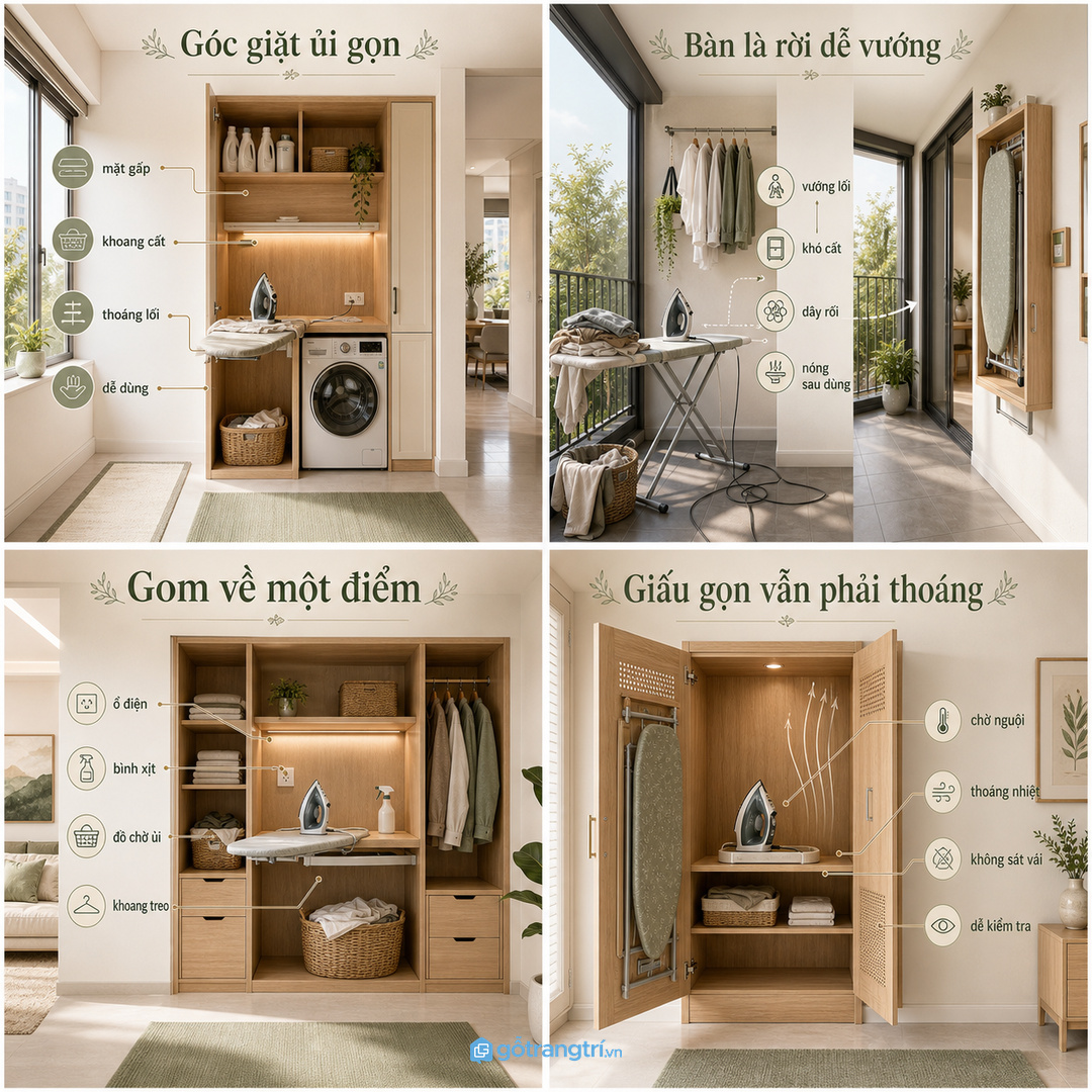 Góc giặt ủi cần gom bàn là, ổ điện, bình xịt và đồ chờ ủi về một điểm