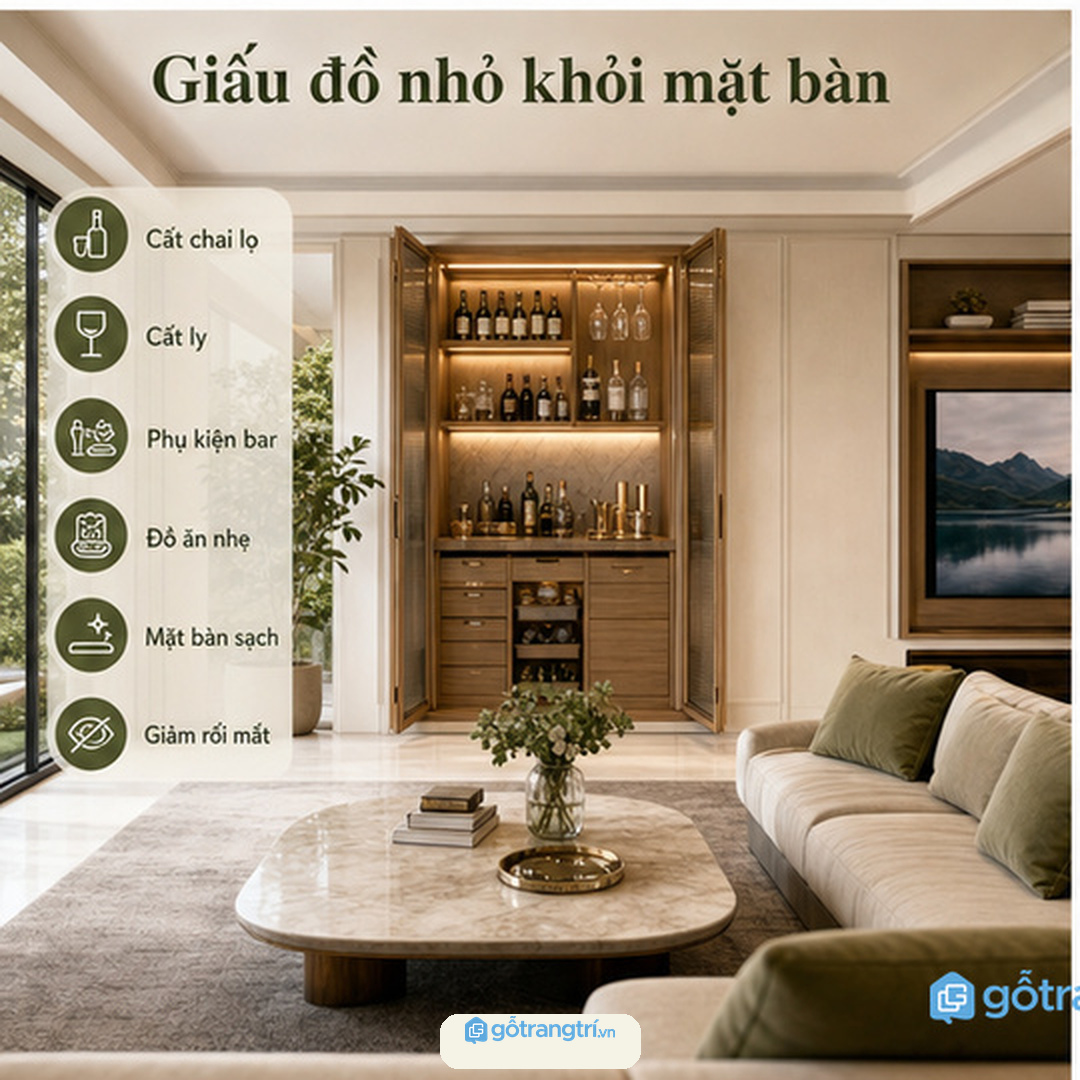 Tủ âm tường trả lại mặt bàn sạch cho phòng giải trí rộng