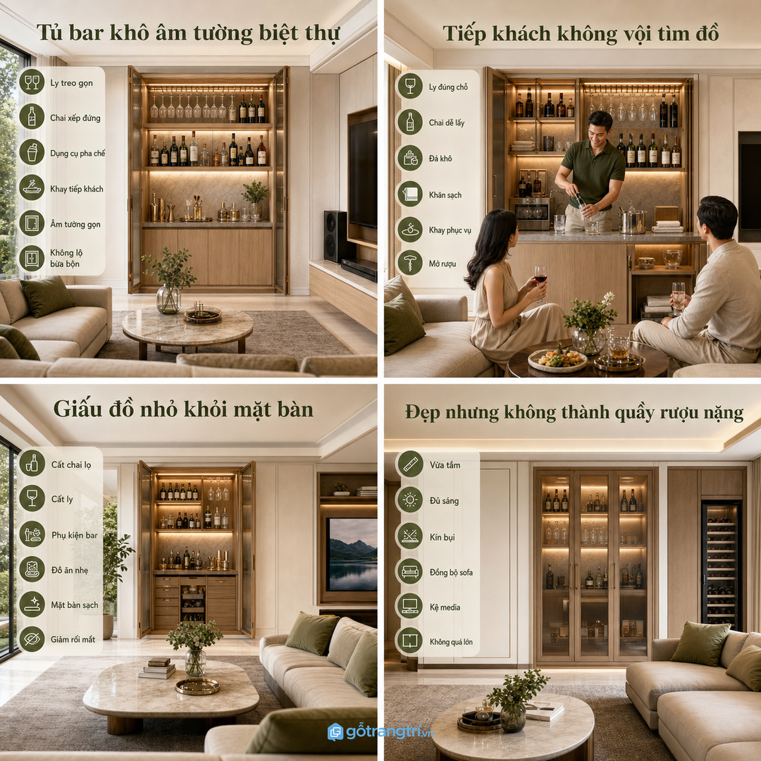 Tủ âm tường trả lại mặt bàn sạch cho phòng giải trí rộng
