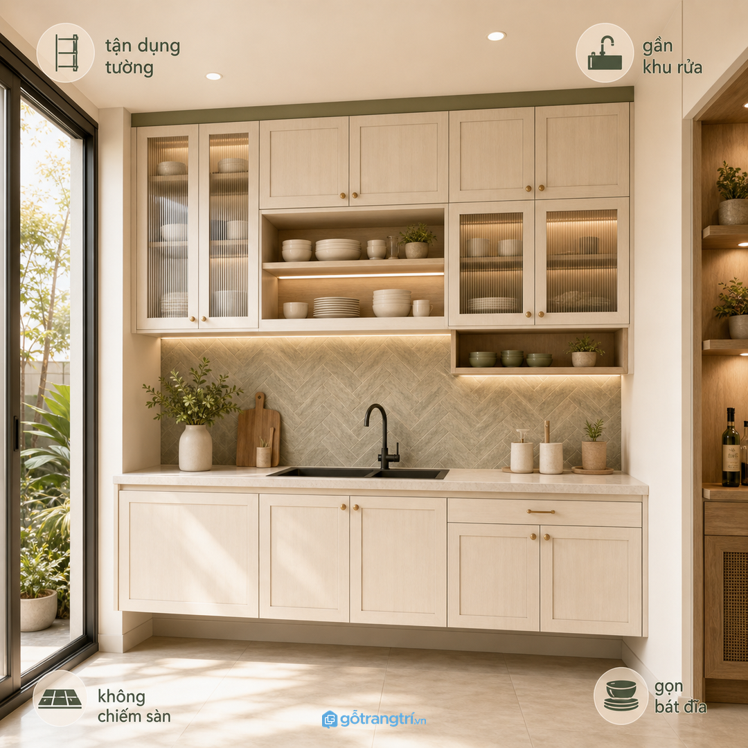 Tủ treo tường tận dụng khoảng cao trong bếp mà không chiếm diện tích sàn