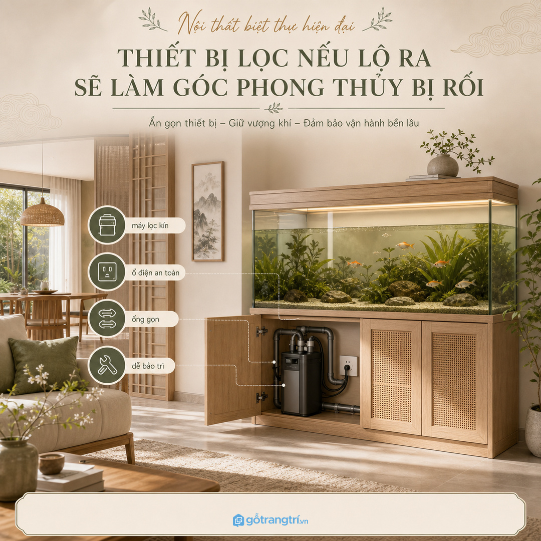 Thiết bị lọc, dây điện và thức ăn cá và dụng cụ vệ sinh nên được giấu trong khoang riêng