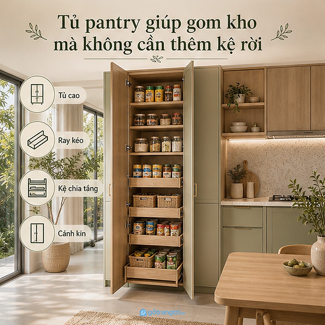 Tủ bếp cao kịch trần gom đồ bếp cất trữ vào cánh kín thay vì dùng kệ rời